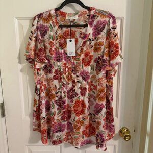 NWT Rose & Olive Boho Floral Peasant Top Smocked Flutter Sleeve 2X